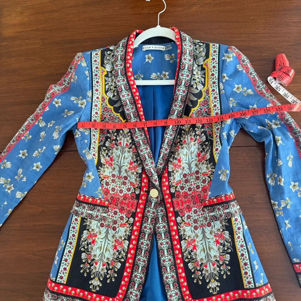 Alice + Olivia Macey Linen Blazer Floral Scarf Print Blue Red Size 2 - Picture 11 of 16